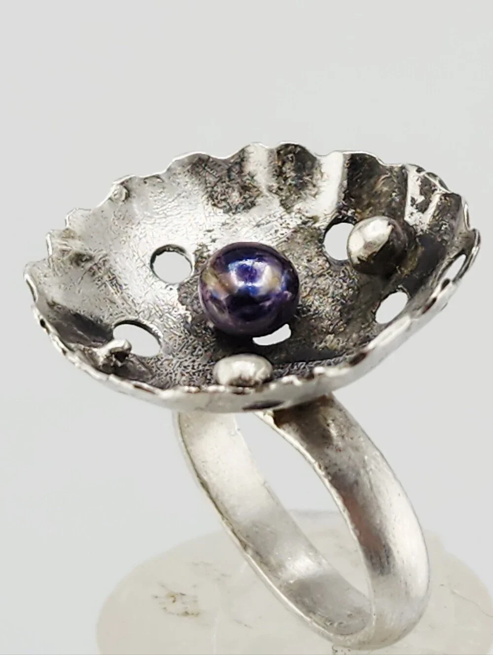 PEARL BRUTALIST RING HANDMADE STERLING SILVER SIZE 7.5